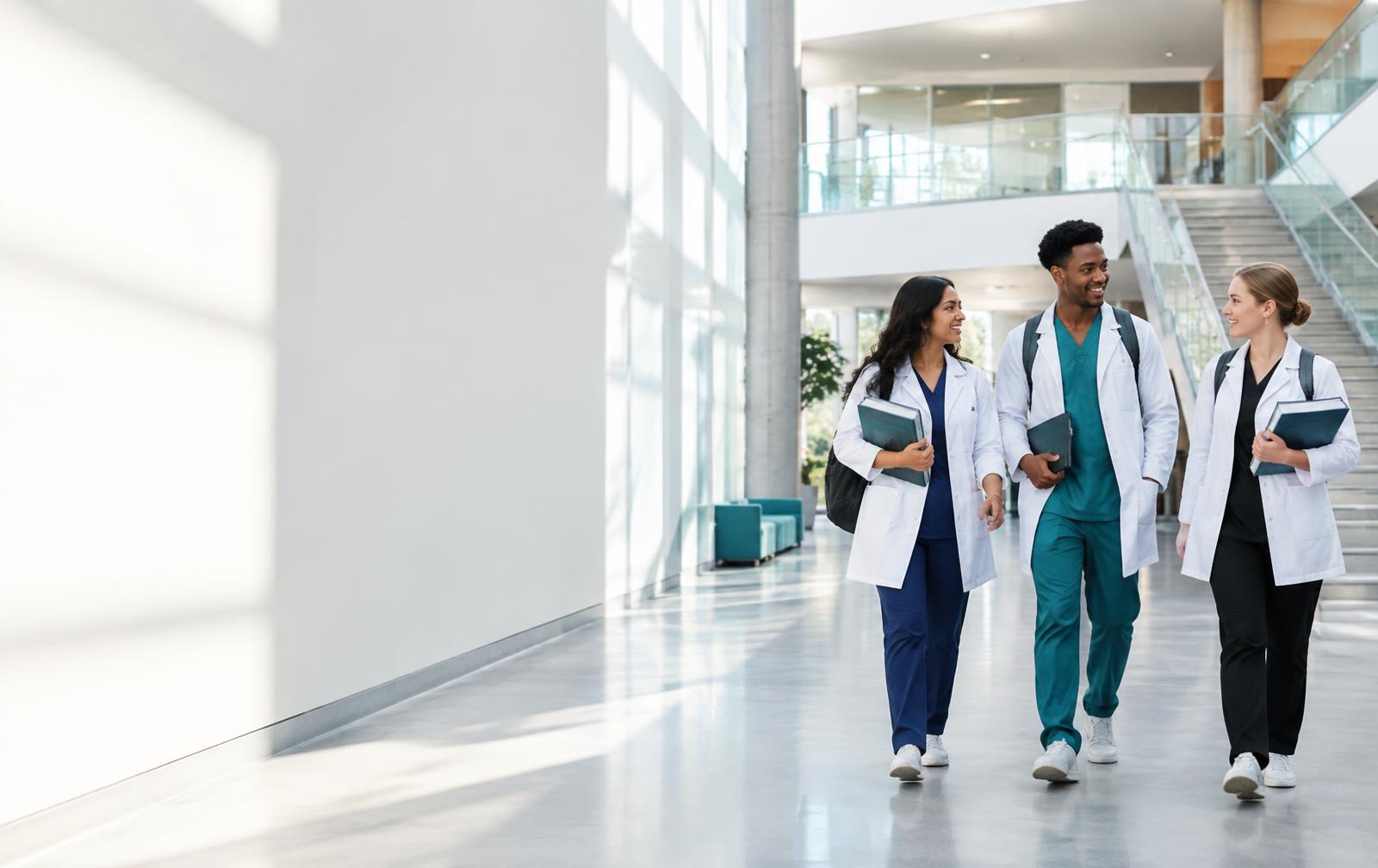 Medical students walking through a bright university atrium
